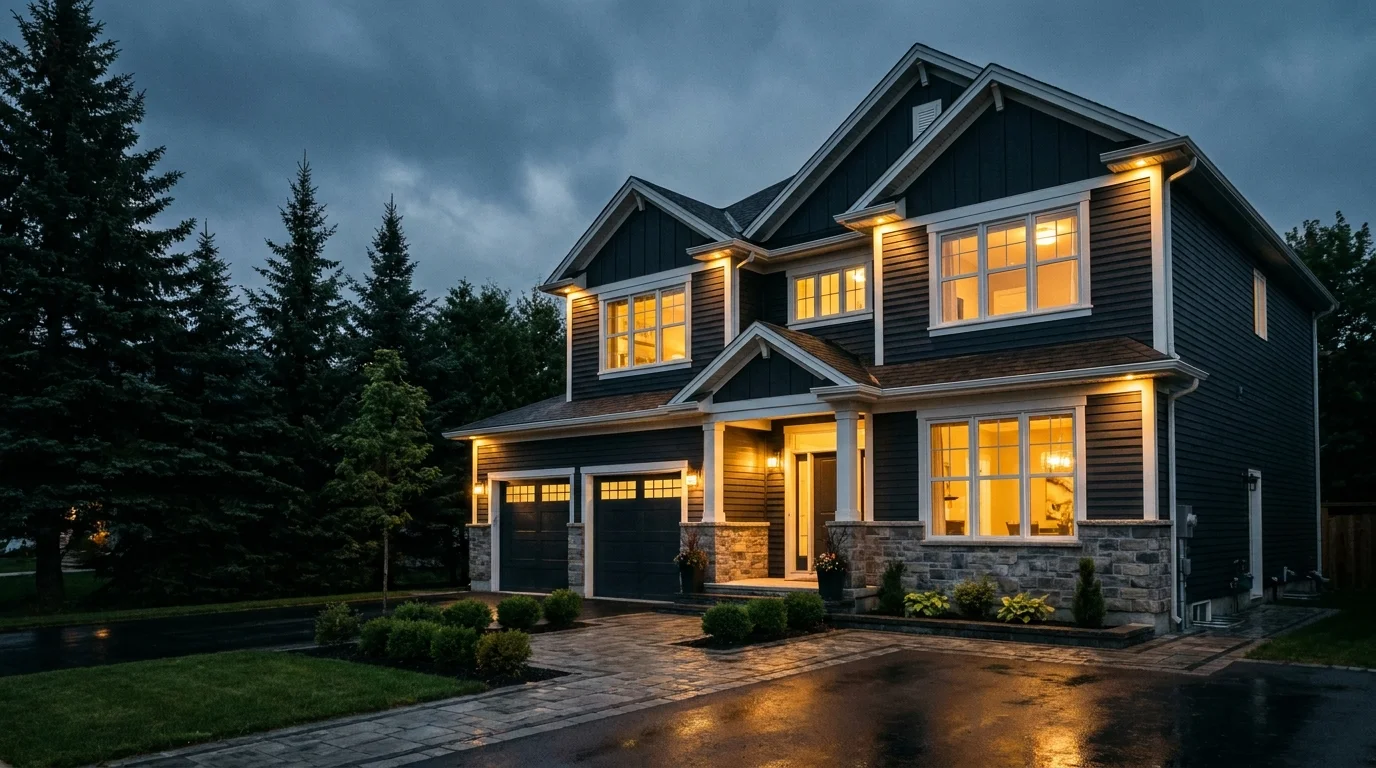 Luxury two-storey home exterior at dusk with deep charcoal siding, white trim, and warm light in the windows